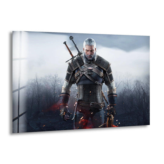 Horizontal shaped home decoration features a white haired monster hunter from a dark fantasy scene on glass wall art.