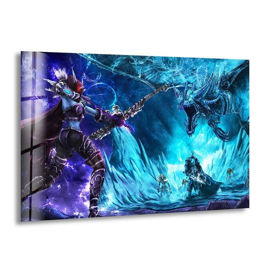 Epic and imposing, the Ice Battle Warrior and Dragon glass wall art portrays a thrilling scene with bold decorative wall art elements.