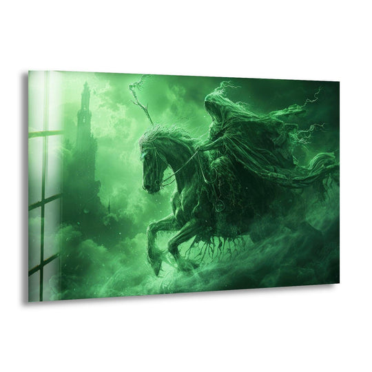 Highlighting the edge and borders, this ghostly rider green mist dark fantasy glass wall art features clean lines showcasing the captivating wall prints.