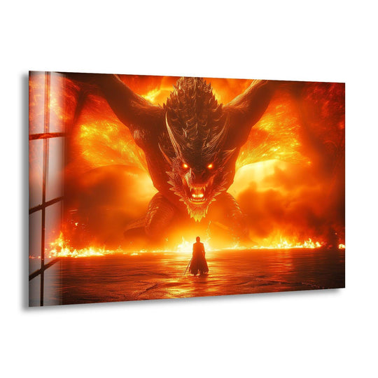 Towering fire dragon's roaring presence dominates this 'Fire Dragon Confrontation' fantasy glass wall art, emphasizing high-quality glass printing to capture its might.