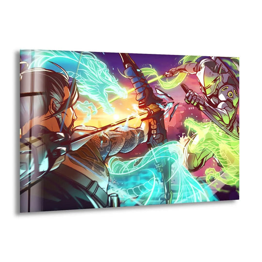 Propelling energy and swirling dragons imbue this archer versus cyber warrior clash scene in glass wall artwork with a palpable sense of dynamic movement.