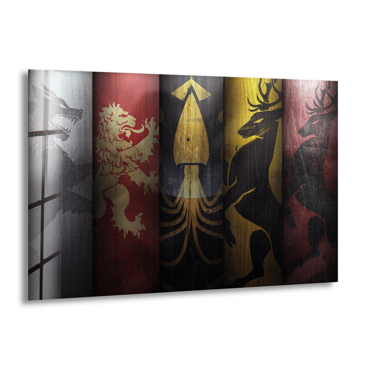 Alternating patterns of light and shadow create a visual rhythm across the medieval emblem banners, offering striking art from glass ideal for fantasy decor.