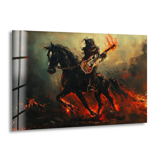 Cool Art featuring a Horse with a Dragon Guitarist and fiery 8K printing and tempered glass for home decor and wall art in a fantasy style