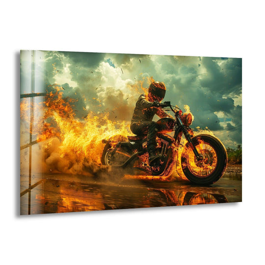 Fiery Motorcycle and Rider Glass Wall Art glass photo prints, glass picture prints
