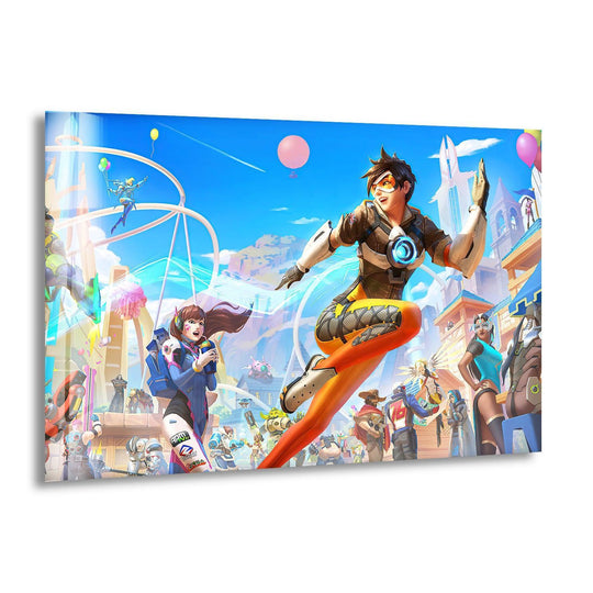 Vibrantly colored figures pop with extreme color saturation in this futuristic city action scene, a dynamic addition to any tempered glass wall art collection.