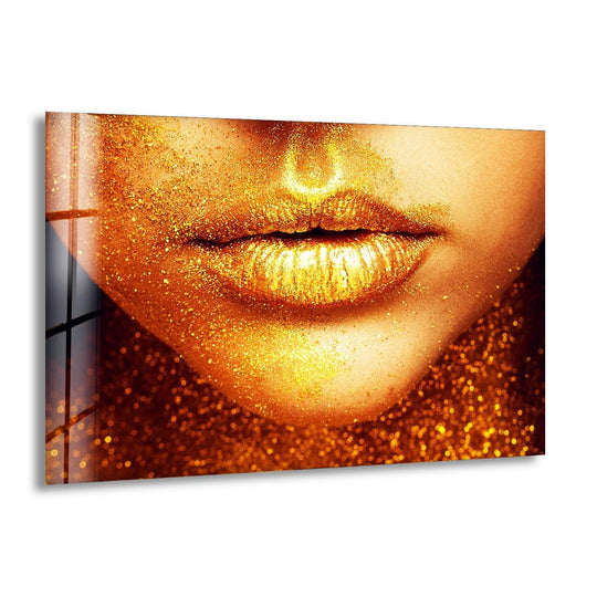 Warm golden tones dominate this striking glass printing of lips adorned with shimmering gold glitter.