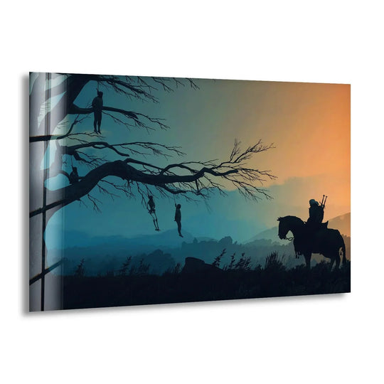 Featuring rich color saturation, this dark rider witnessing silent tree scene glass wall art is captivating home decor, displaying a rider on horseback silhouetted against a striking sunset.