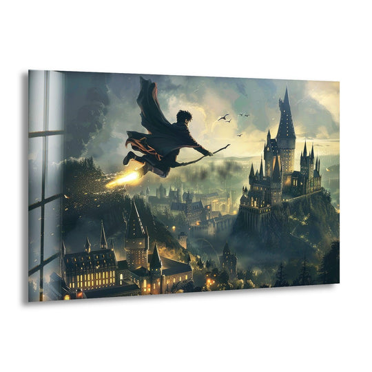The wizard on his broom, the focal point of this fantasy glass wall art, soars past the magical castle in a stunning print wall art portrayal.