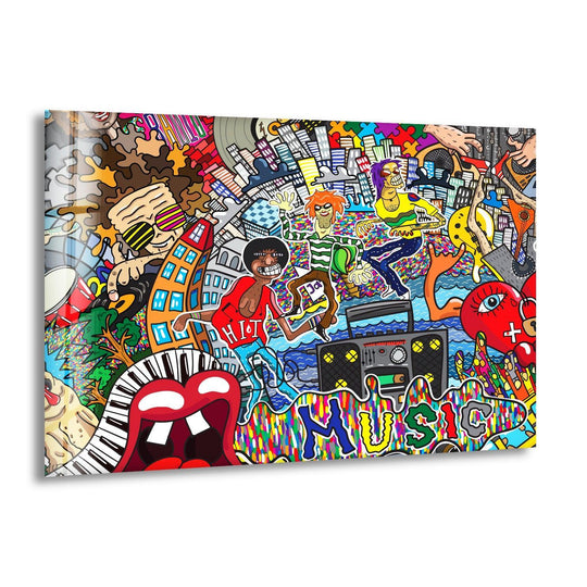 Graffiti abstract pop art hanging wall art bursts with vibrant, realistic details of urban characters and musical elements.