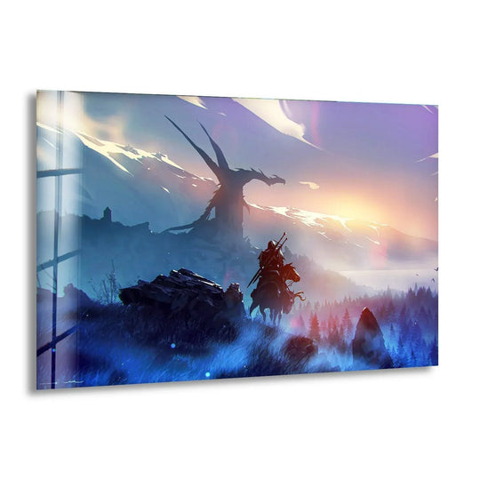 Light and shadow play dramatically across the warrior and dragon fantasy scene in this warrior facing dragon sunrise fantasy best glass art, highlighting the epic battle.