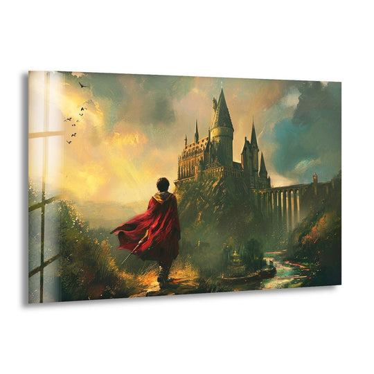Illuminated by the brightest area, this magical castle fantasy hanging wall art reveals a wizarding world landscape with a majestic fortress rising above the misty terrain.