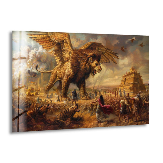Layered depiction of the Epic of Gilgamesh reveals immense depth, featuring a winged lion and vibrant hanging wall art composition with ancient figures and architecture.
