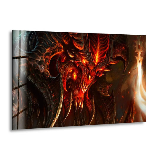 The stillness of the molten dragon face in this hanging wall art captures a dramatic, fiery intensity within tempered glass, perfect for impactful decor.