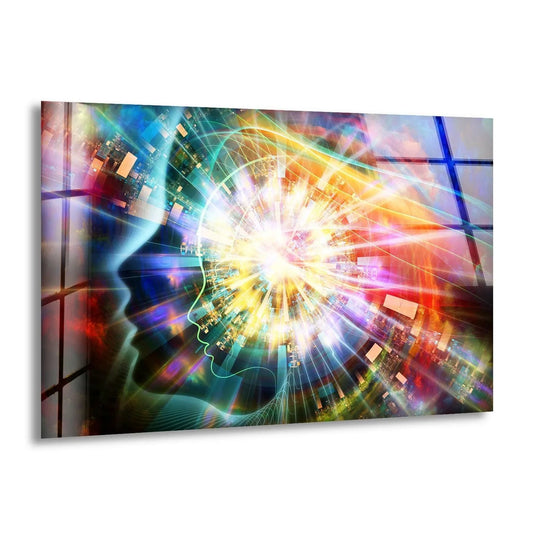 A vibrant, geometric explosion of color frames the edge of this abstract mind and consciousness tempered glass wall art.