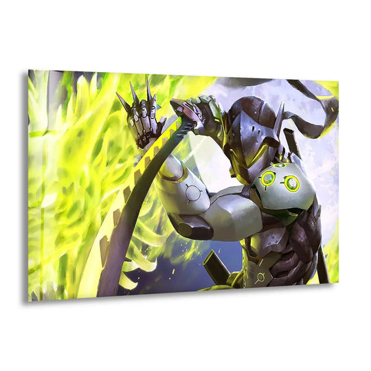 Horizontal Cyber Ninja with Neon Green Blade tempered glass wall art showcases a sleek, rectangular shape and adds a modern touch.
