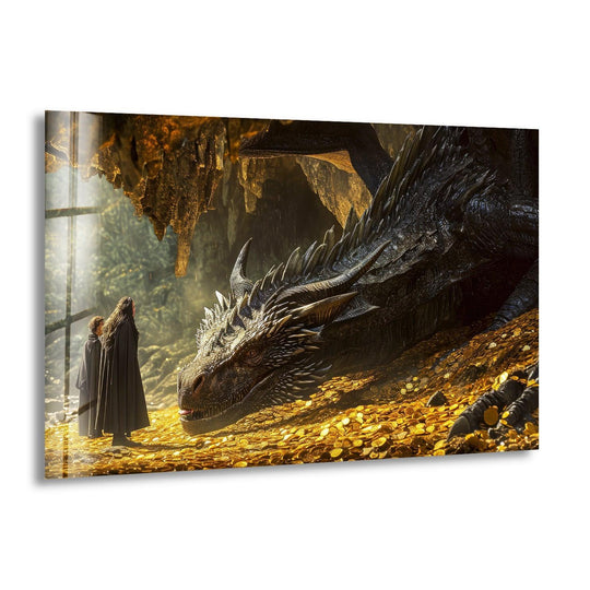 Dramatic color contrast defines this 'Dragon Guarding Treasure Cave Fantasy Gold Glass Wall Art,' enhanced by high-definition glass printing, showcasing the dragon's dark scales against the shimmering gold.