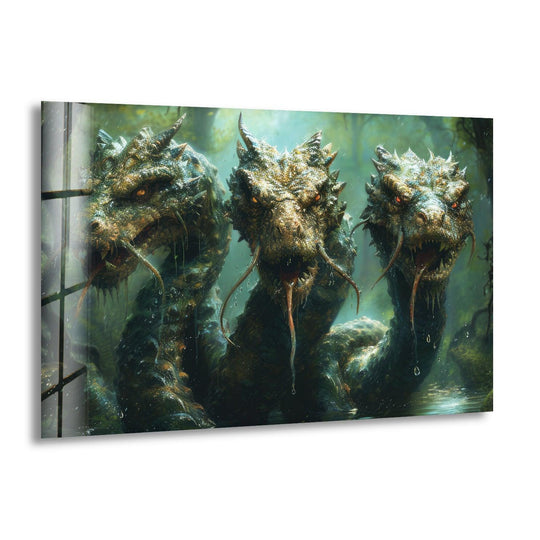 Subtle light and shadow define the menacing heads of the Greek Mythology Hydra glass wall art, adding depth to its fearsome form in this unique home decor piece.