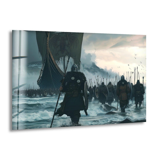 Dominating the shore, the Viking ship's sail is the loudest element in this dramatic glass wall artwork depicting Vikings and their ships.