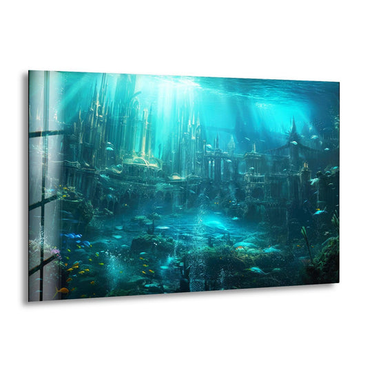 The repeating spires and archways of Deep Atlantis create a captivating visual rhythm in this glass wall art, a stunning home decoration featuring an underwater cityscape.