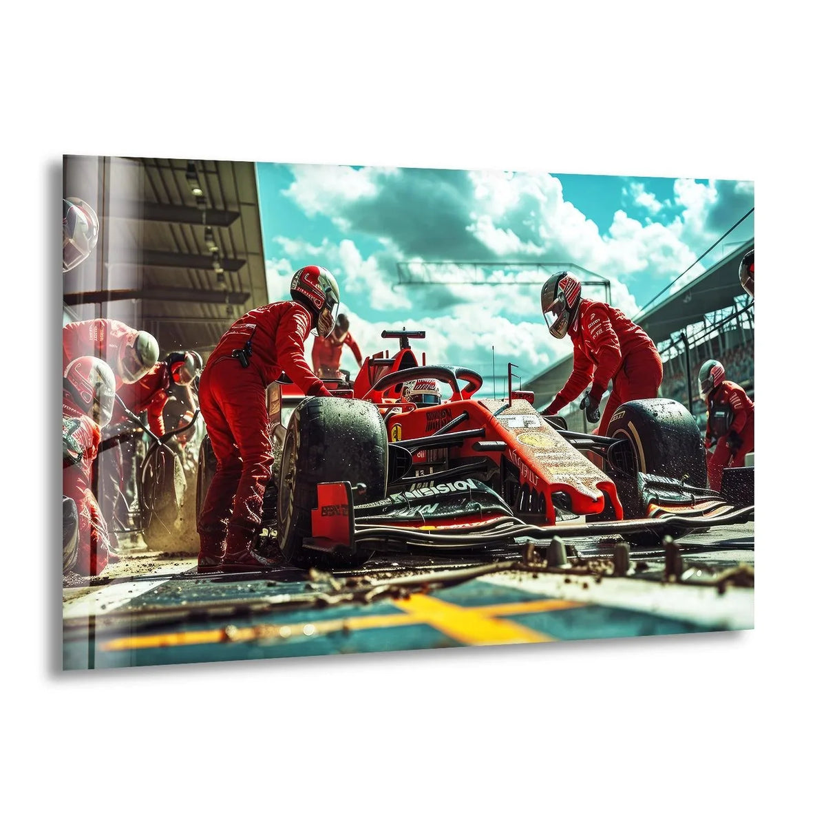 Depicting a Formula One pit stop, the central subject showcases a sleek Formula car surrounded by pit crew, exemplifying modern home decor through sports wall art.