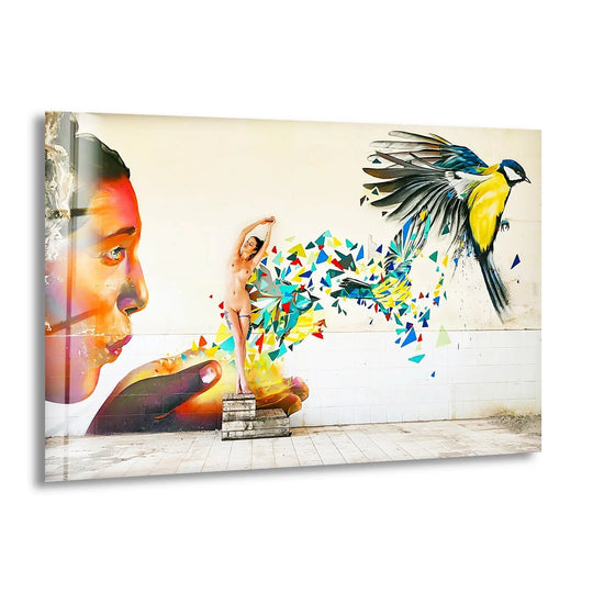 Fantasy graffiti glass printing features a vibrant burst of geometric shapes transforming into a bird in flight.