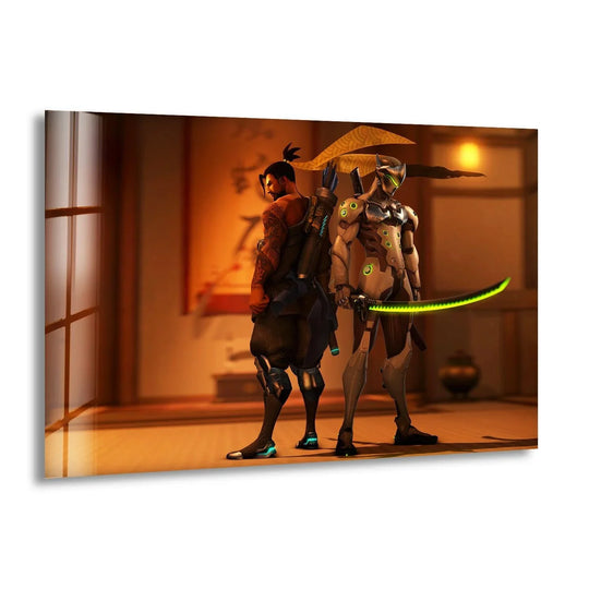 Glossy finish of the tempered glass wall art enhances the neon blade and futuristic design of the dual cyber samurai warriors.