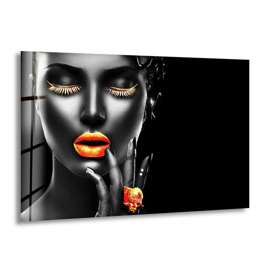Cool Art with gold lips woman portrait and tempered glass is golden glamour wall art ideal for luxurious modern interiors