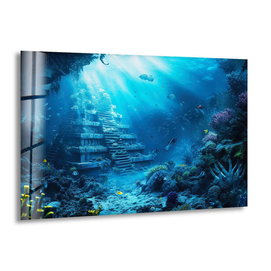 Textured glass reveals the subtle surface texture of this Underwater Atlantis City glass wall art, a stunning home decoration.