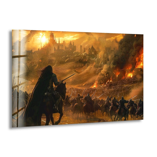 Ominous mood conveyed by the Mythic Battle Scene Glass Wall Art, an epic vision of conflict suitable for striking home decor.