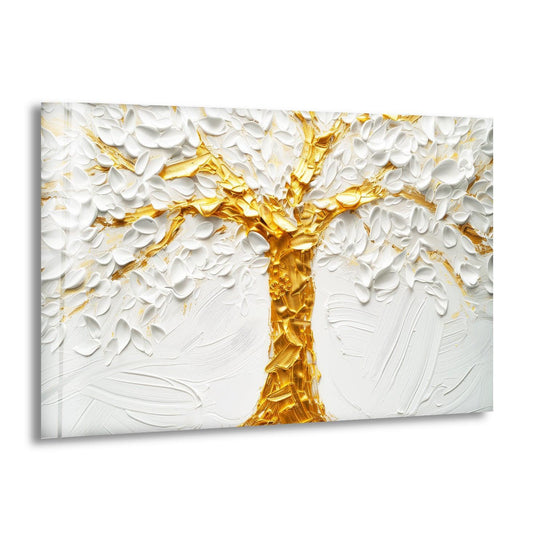 The visual rhythm of the golden tree with white flower hanging wall art is created through repeating textured petals against a contrasting background.