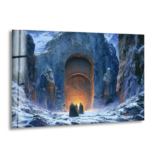 Envisioning mystical shapes, this glass wall art displays the organic forms of an arched gate and dwarven statues, ideal for home decoration.