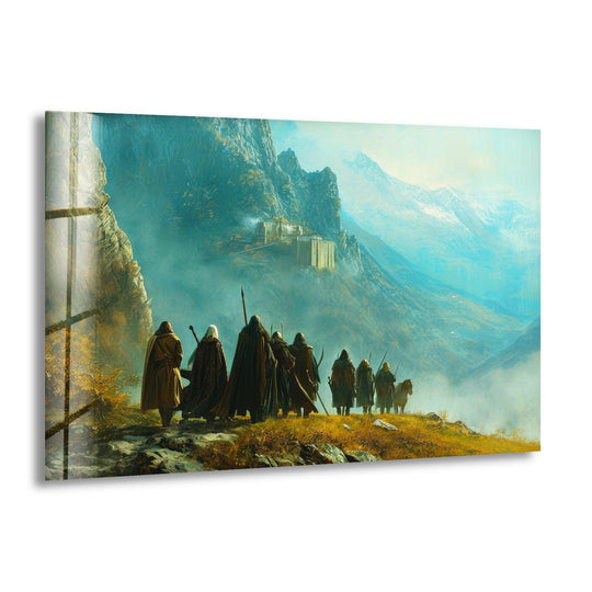 Highlighting the abstract quality, mountain fellowship journey glass wall art evokes a sense of mystery through subtly blurred figures and atmospheric, impressionistic details, showcasing best glass art.