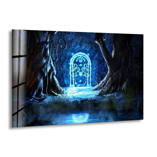 Color contrast highlights the ethereal glow of the enchanted forest portal in this fantasy art, a stunning example of tempered glass wall art with blue light creating a magical ambiance.