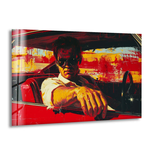 The organic forms of this retro driver in red car cinematic glass wall artwork create an intriguing and vivid design.