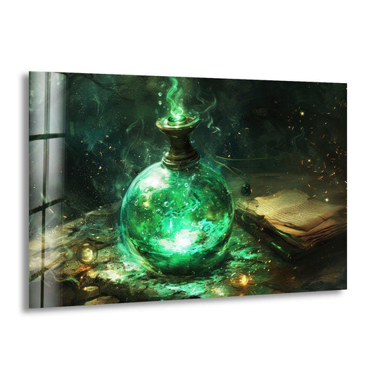 A still, mystical green elixir glows in a glass bottle, adding magical home decor to a dark, enchanting scene.