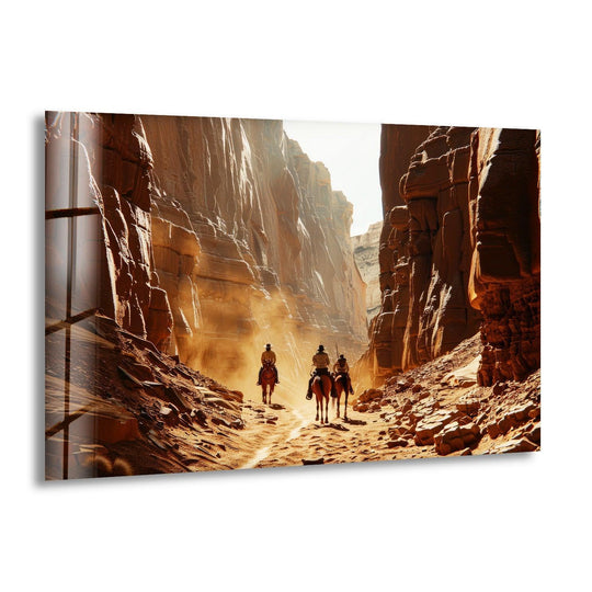 Movies glass wall art horseback riders in canyon light and iconic Western decor plus horse wall art