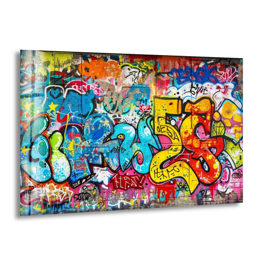 This vibrant glass wall artwork bursts with dominant blue hues and bold, colorful graffiti strokes, creating an urban art statement.