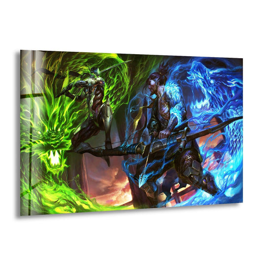 Vibrant color saturation defines this glass wall art featuring dual element warriors engaged in battle, a unique modern wall decor piece filled with saturated green and blue energy.