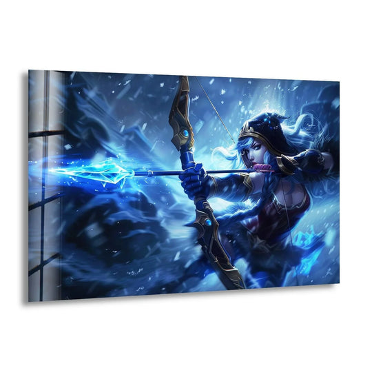 Intense and magical, the ice archer woman radiating blue energy is captured in this striking glass wall artwork.