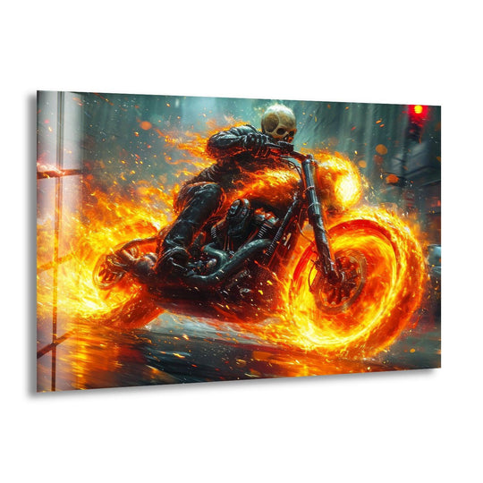 Epic Flaming Rider Riding a Fire Motor Glass Photos 