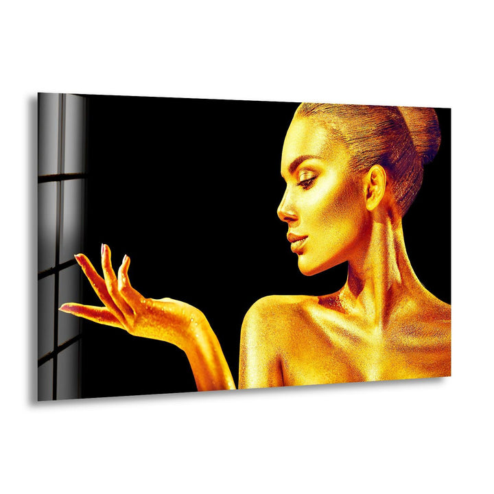 Wandbild „Frau“ aus Glas in Goldglitzer