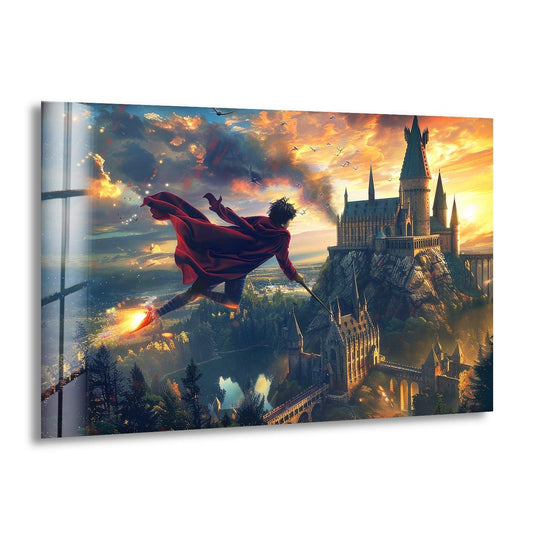 Captured in the foreground, the fantasy glass wall art shows a wizard on a broom with magical sparks, enhancing the home decor with a touch of movie-inspired charm.