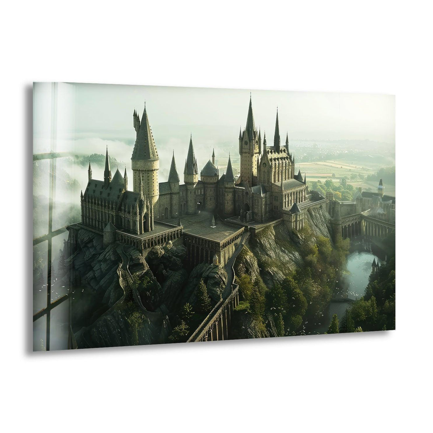 Grey-dominant majestic cliffside castle fantasy landscape art from glass creates a stunning scene atop rocky cliffs and a serene lake.