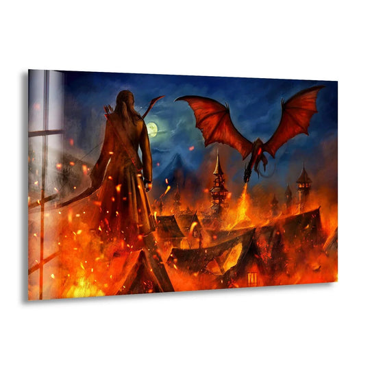 Depth and layers are created as the dragon flies over the burning city in this dragon fire fantasy glass wall art, a fiery home decoration piece.