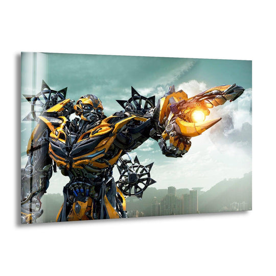 Foreground detail showcases the intricate mechanical construction of the futuristic yellow robot in this combat action art from glass wall art piece.