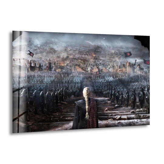 The abstract quality of this queen facing a massive army is captured in this epic fantasy tempered glass wall art, lending an otherworldly atmosphere.