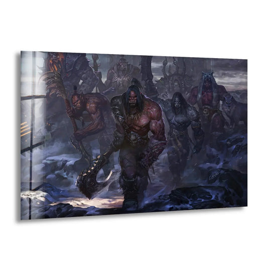 Geometric decorative wall art depicts a march of savage warrior clan members with sharp axes and tribal details, creating a visually striking glass wall art piece.