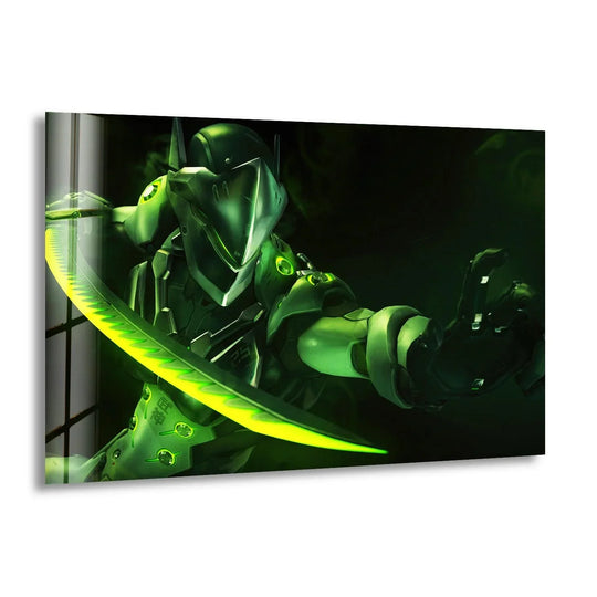 Subtle, swirling green smoke surrounds the futuristic ninja's form in this glass art painting, softening the hard lines of his glowing blade.