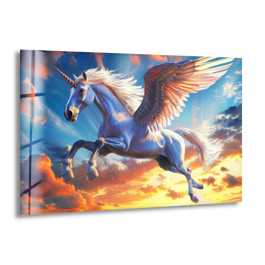 A luminous winged unicorn soars through a warm, sunset-toned sky in this vibrant piece of art from glass.