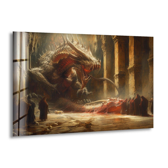 Ominous and foreboding, the monstrous dragon emerging decorative wall art casts a dark, mesmerizing mood over this piece of fantasy art.